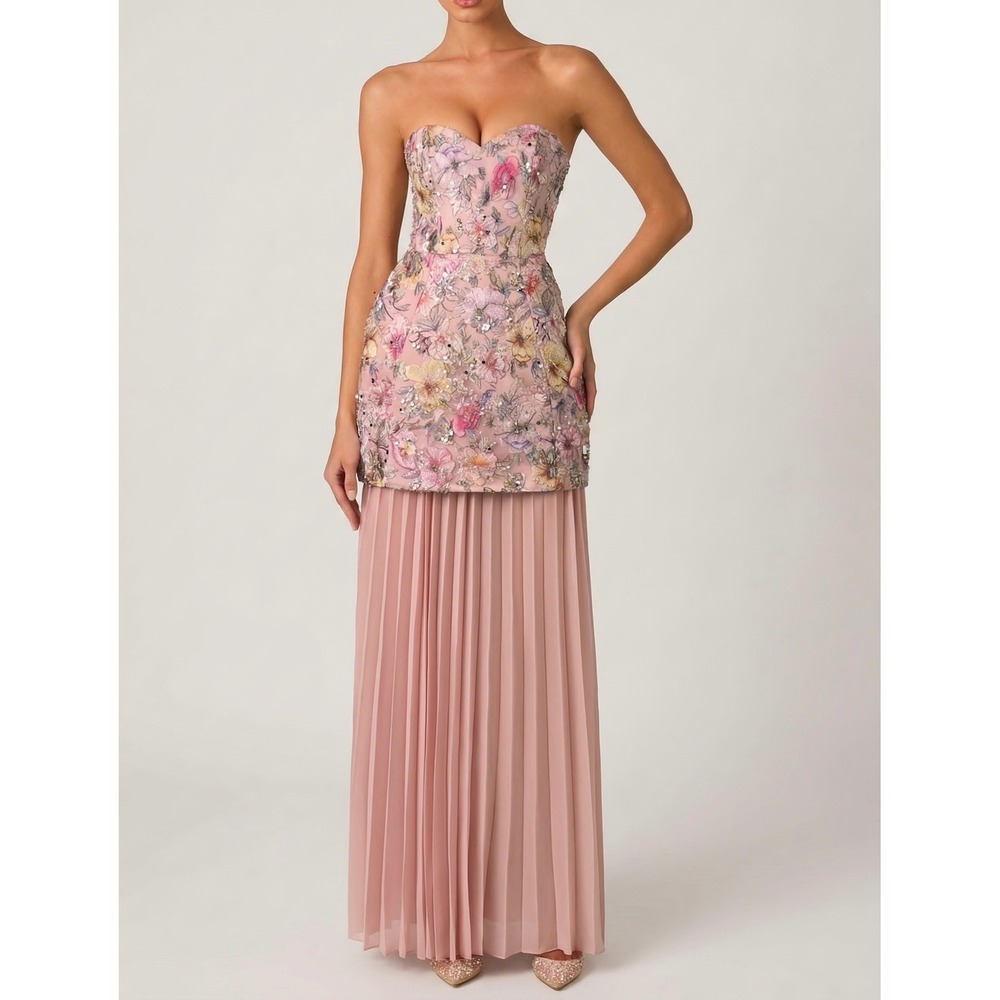Oh Polly Floral Embroidered Sequin Corset Mini Dress & Pleated Maxi Skirt size 4 - Picture 2 of 10